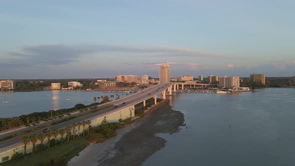 Bridge over the ocean in Clearwater beach island, Florida during golden hour