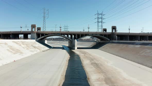 Cinematic aerial Los Angeles River on summer day.