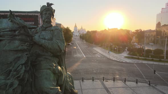 Kyiv, Ukraine: Monument To Bogdan Khmelnitsky in the Morning at Dawn. Aerial View.