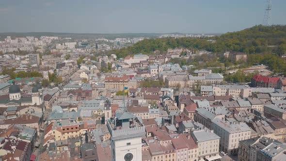 Aerial City Lviv, Ukraine. European City. Popular Areas of the City. Dominican