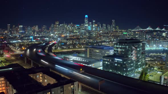 Epic Aerial Hyperlapse Panorama of Cinematic San Francisco Downtown at Night