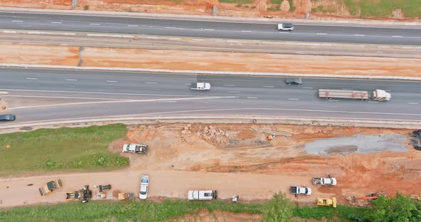 Aerial View Workers Heavy Machinery Joining the Reconstruction of Highway in USA