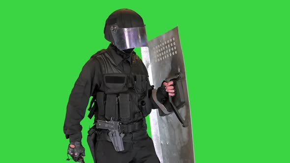 Riot Policeman Walking Shield Rubber Baton Green Screen Chroma Key