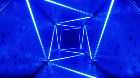 Flying in a tunnel with flashing blue fluorescent lights. Infinitely looped animation.