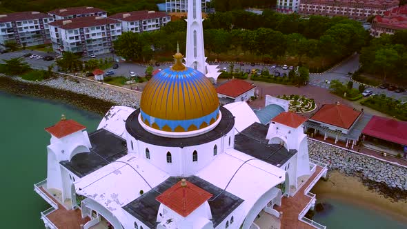 Aerial circle shot of a floating mosque, The Melaka Straits Mosque,Malaysia