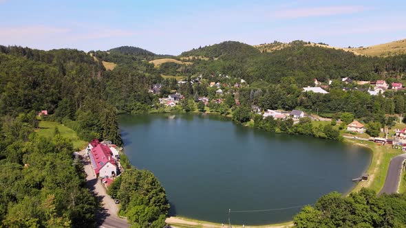 Aerial view of the lake in the village of Stiavnicke Bane in Slovakia