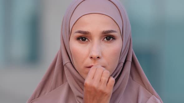 Muslim Serious Woman Female Face Outdoors Islamic Girl in Hijab Zip Gesture Shutting Close Mouth on