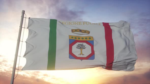 Apulia Region Flag Italy Waving in the Wind Sky and Sun Background