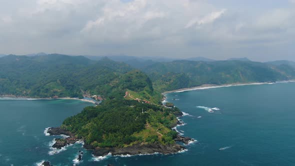 Aerial panorama of paradise coast of Menganti beach, Java, Indonesia