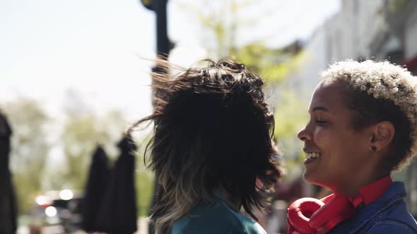 Affectinate lesbian couple kissing and talking in the street