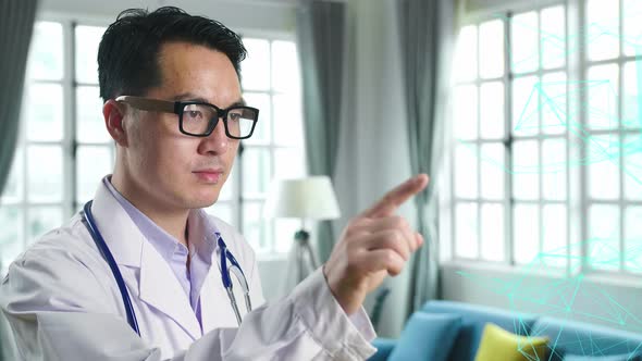 Asian Male Doctor Working On 3D Human Brain, Medical Technology Concept