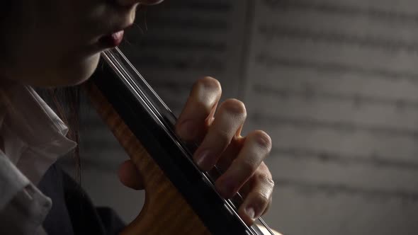 Hands Are Going Over the Strings of the Cello in the Background Sheets with Notes. Close Up.