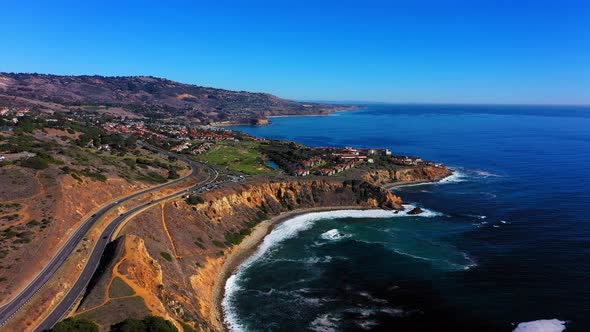 Aerial drone shot flying towards the beach and Pacific ocean in Rancho Palos Verdes.