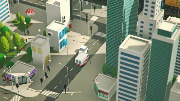 Aerial view of the low poly cityscape. An ambulance is driving to the hospital.