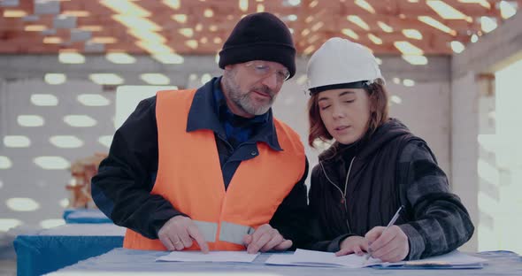 Concentrated Engineers Discussing Examining and Developing at Construction Site