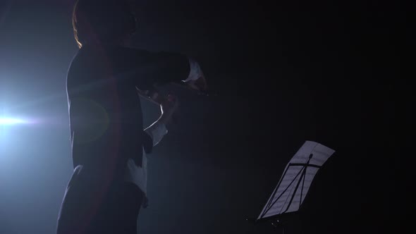 Girl Plays Violin and Looks at a Stand for Music in the Dark . Silhouette. Black Smoke Background