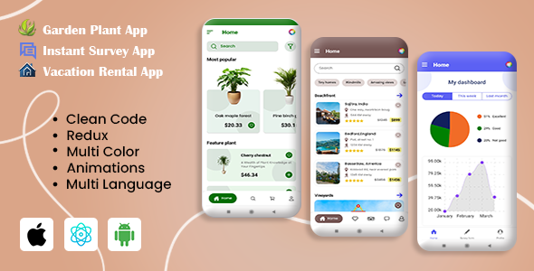 3 App Template | GardenPlants |Instant Survey |Vacation Rental React Native iOS/Android App Template