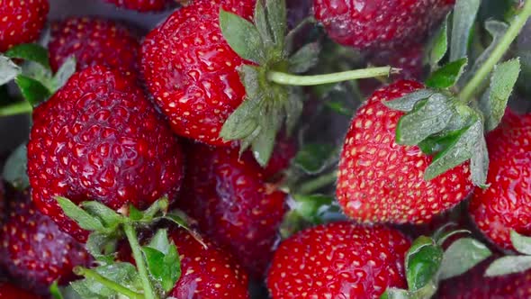 Slow motion rotation of juicy strawberries. Top view, Rotation 360 degrees, Extreme close up.