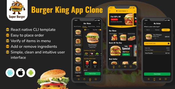 SuperBurger - Elevate Your Burger Ordering Experience | React Native CLI template | Android & iOS |