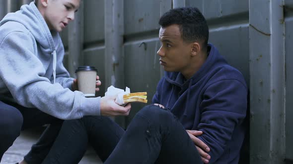 Caring Volunteer Boy Brings Dinner to Homeless Teenager, Kind Heart, Charity