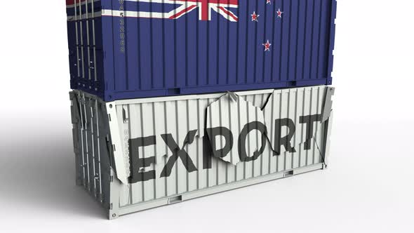 Container with Flag of New Zealand Breaks Container with EXPORT Text