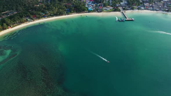 Aerial drone view texture of marine shore beach voyage by clear sea with bright sandy background of 