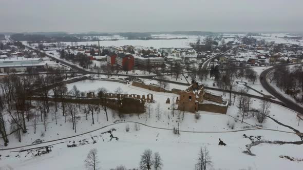 Ruins of Ancient Livonian Order's Stone Medieval Castle Latvia Aerial Drone Top Shot 