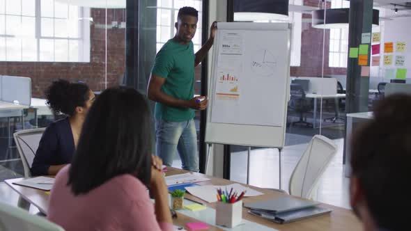 African american businessman standing near white board having presentation in front of colleuagues