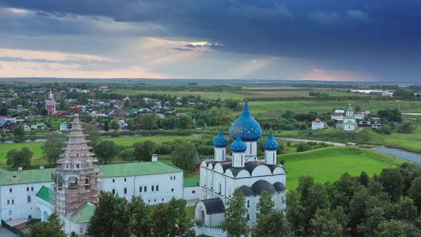 Aerial View on Kremlin and Boat in Suzdal Russia