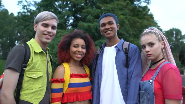 Smiling University Students Looking Camera Outdoor, Exchange Educational Program