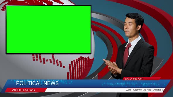 Live News Studio With Male Anchor Reporting On The Political, TV Green Chroma Key Screen