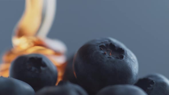 Thick honey dripping over blueberries. Slow Motion.