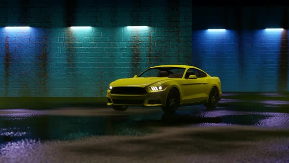 Sports Yellow Car in the Mysterious Dark Garage
