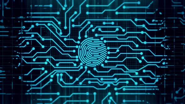 4k render Digital protection by fingerprint authorization on cyber background. Binary circuit Techno
