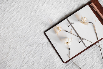 Blank pages of notebook and drying flowers.