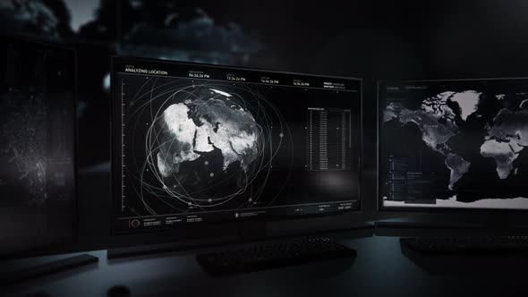Spy Computer For Territory Search Analyzing Data On Map To Find Terrorists alt