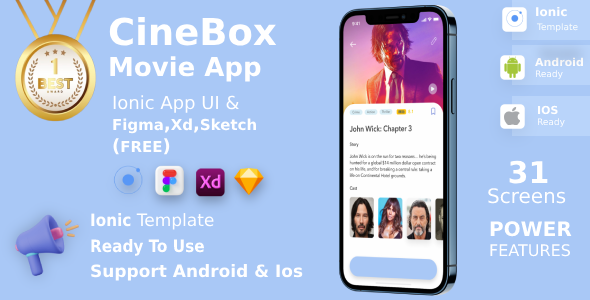 Online Movie Streaming & Booking ANDROID + IOS + FIGMA + Sketch | UI Kit | CineBox | Ionic