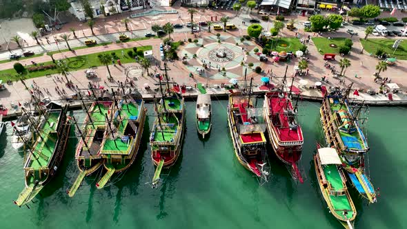 Yachts in the port aerial view 4 K Alanya Turkey