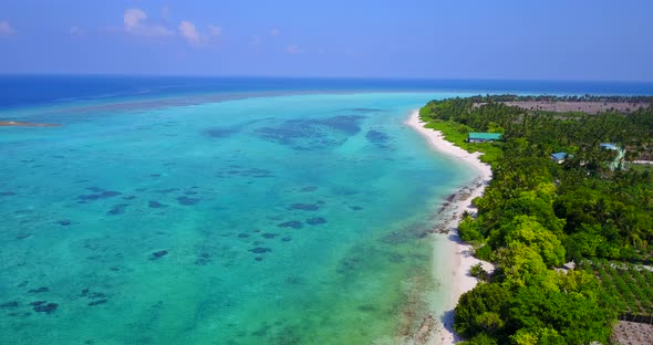 Wide angle fly over abstract view of a paradise sunny white sand beach and turquoise sea background 