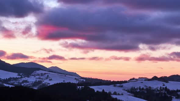 Colorful Twilight in Winter Rural Landscape