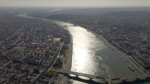 Flying over the River Danube toward Chain Bridge in Budapest