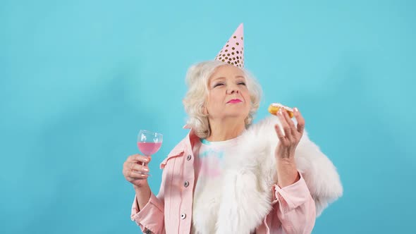 Glamour Crazy Funny Grandmother in Stylish Clothes Celebrating Her Anniversary