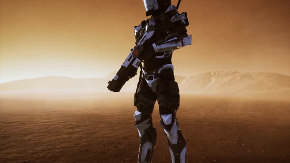Futuristic Soldier in Desert at Sandstorm alt