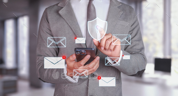 Cybersecurity and Email Protection. Businessman using smartphone with email notifications.