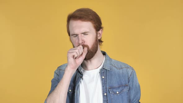 Sick Redhead Man Coughing Yellow Background