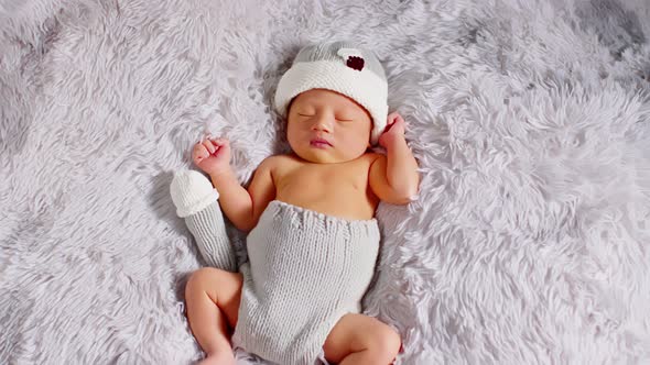 happy newborn baby weaing cute costume lying sleep on grey carpet