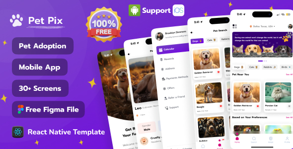 Pet-Pix Pet Adoption React Native Expo App | Free Figma | iOS | Android