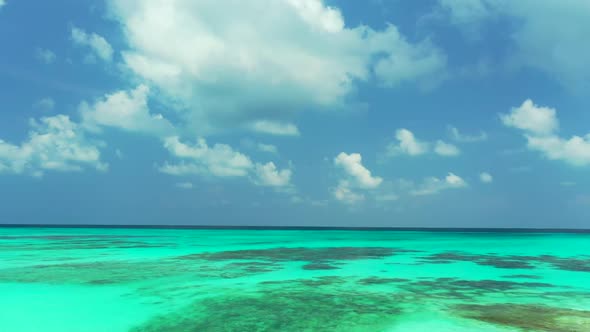 Aerial drone tourism of paradise shore beach wildlife by aqua blue sea with white sandy background o