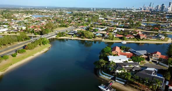 Flying over the town of Surfer's Paradise.