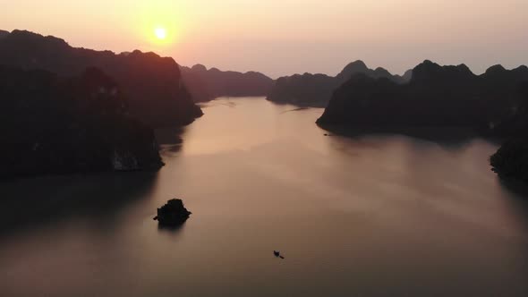 Aerial: unique flying over Ha Long Bay and Cat Ba island, Vietnam